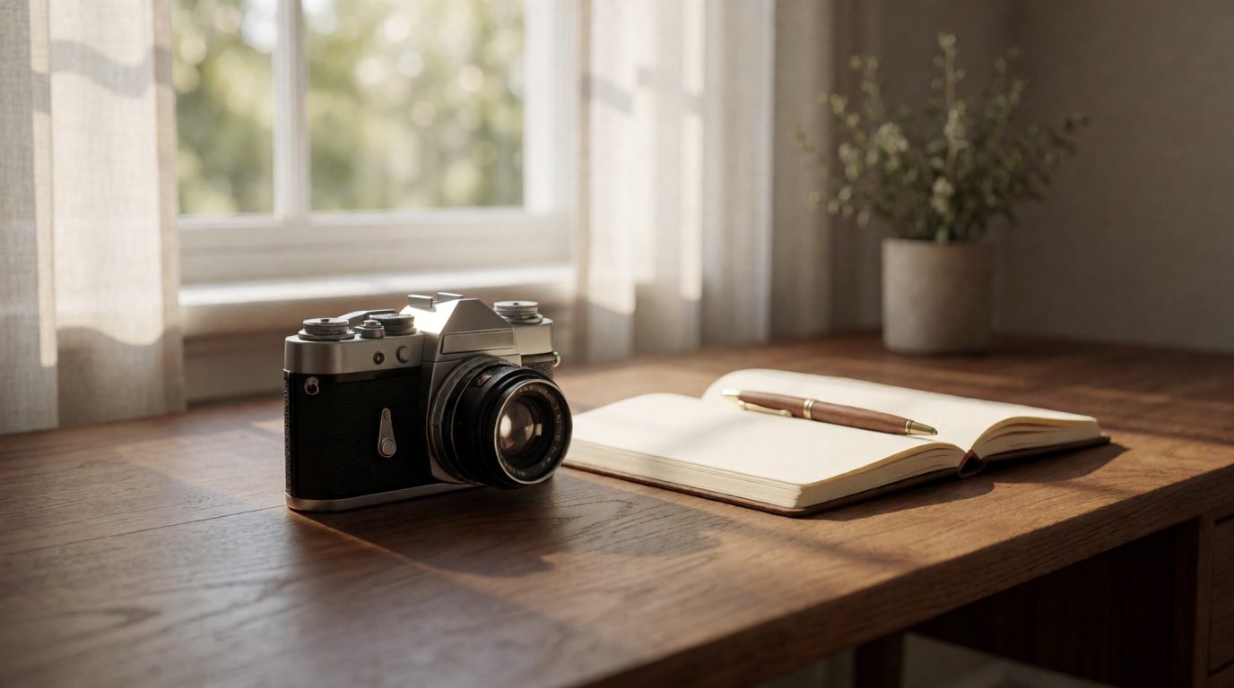 Analogue camera and notebook on a wooden desk in soft window light
