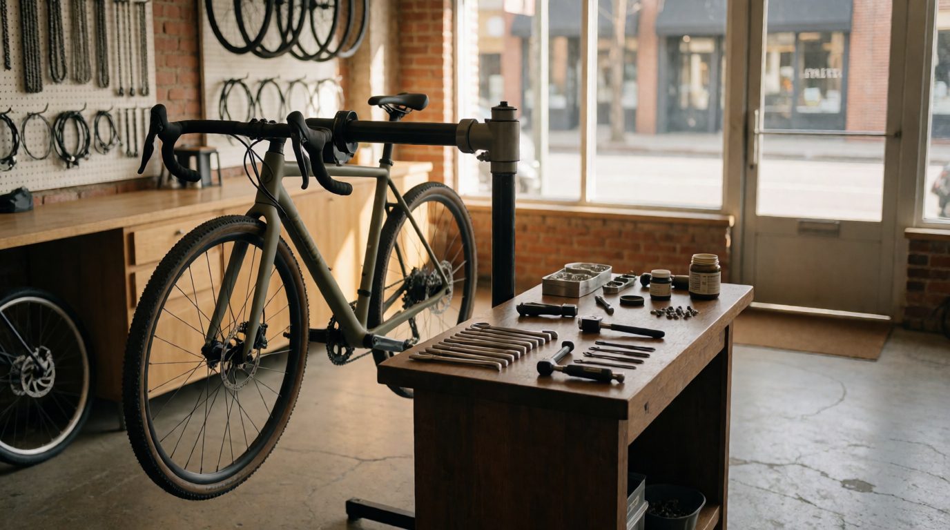 Gravel bike on the repair stand in the Radwerk Kiel workshop